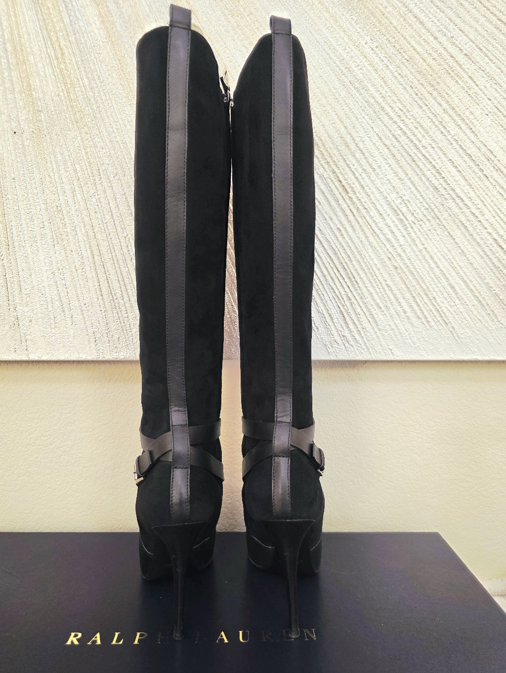 Ralph Lauren Black Leather & Suede Knee-High Stiletto Buckle Boots - Size US 8.5 - Picture 12 of 15